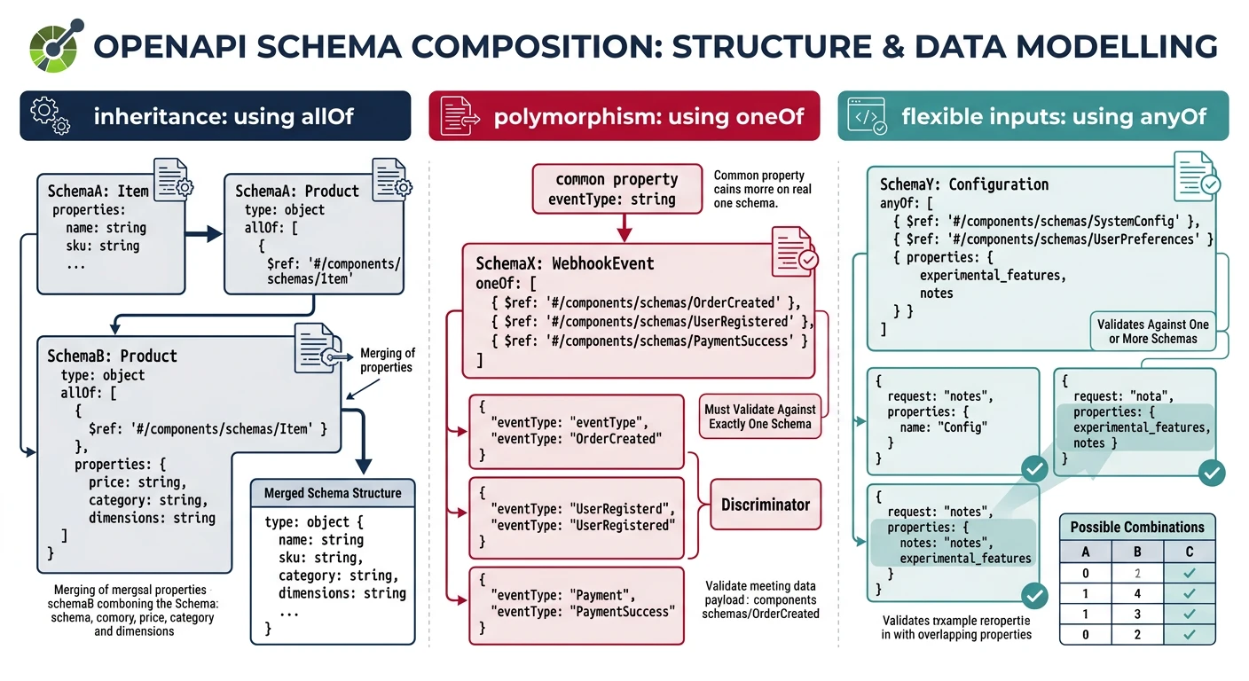 OpenAPI schema composition showing allOf for inheritance, oneOf for polymorphism, and anyOf for flexible inputs