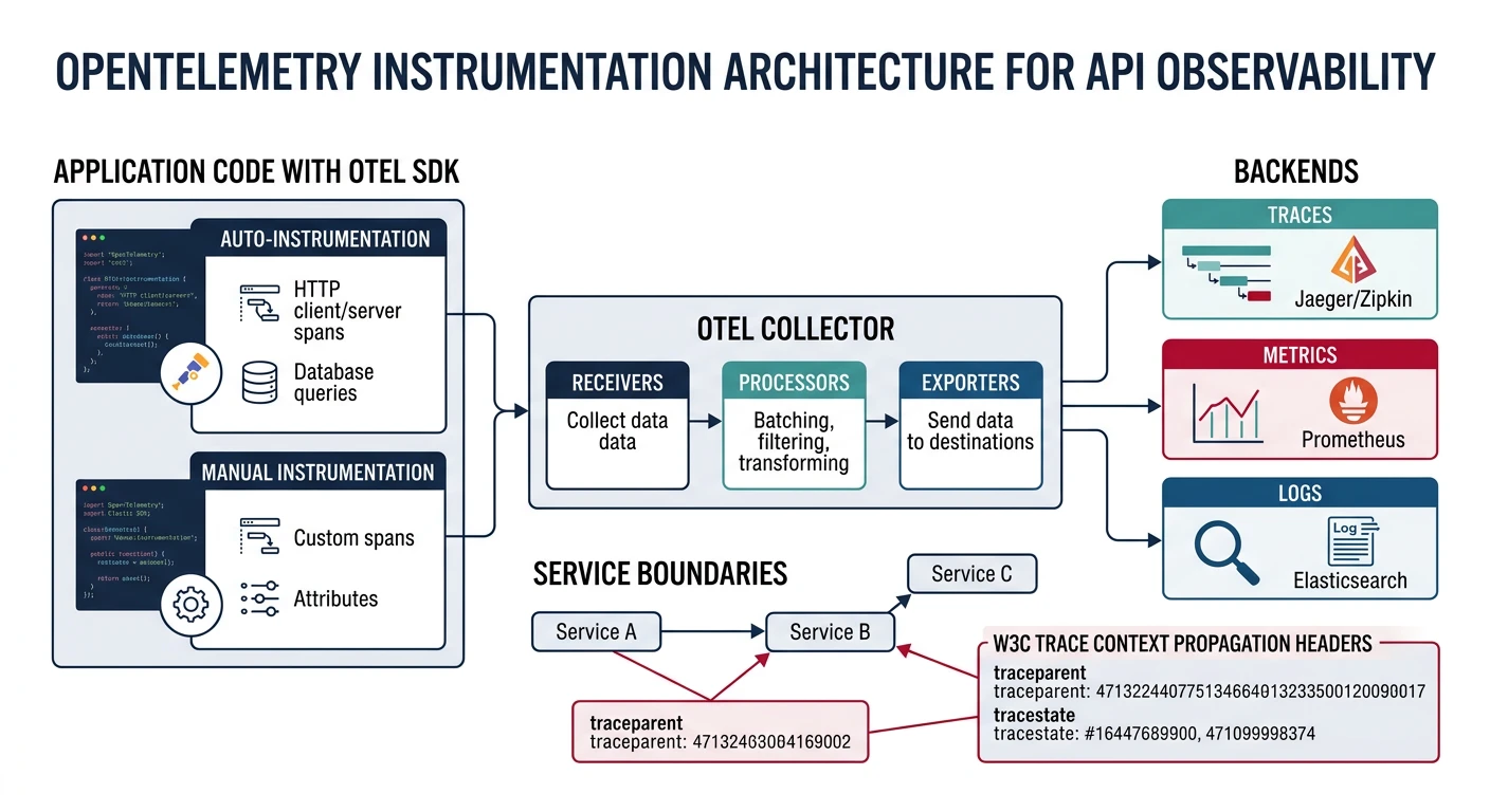 OpenTelemetry architecture with SDK, collector, and observability backends