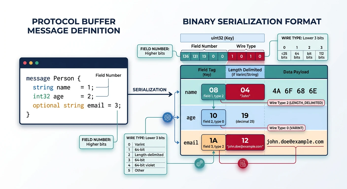 Protocol Buffer message definition and binary serialization format with field numbers and wire types