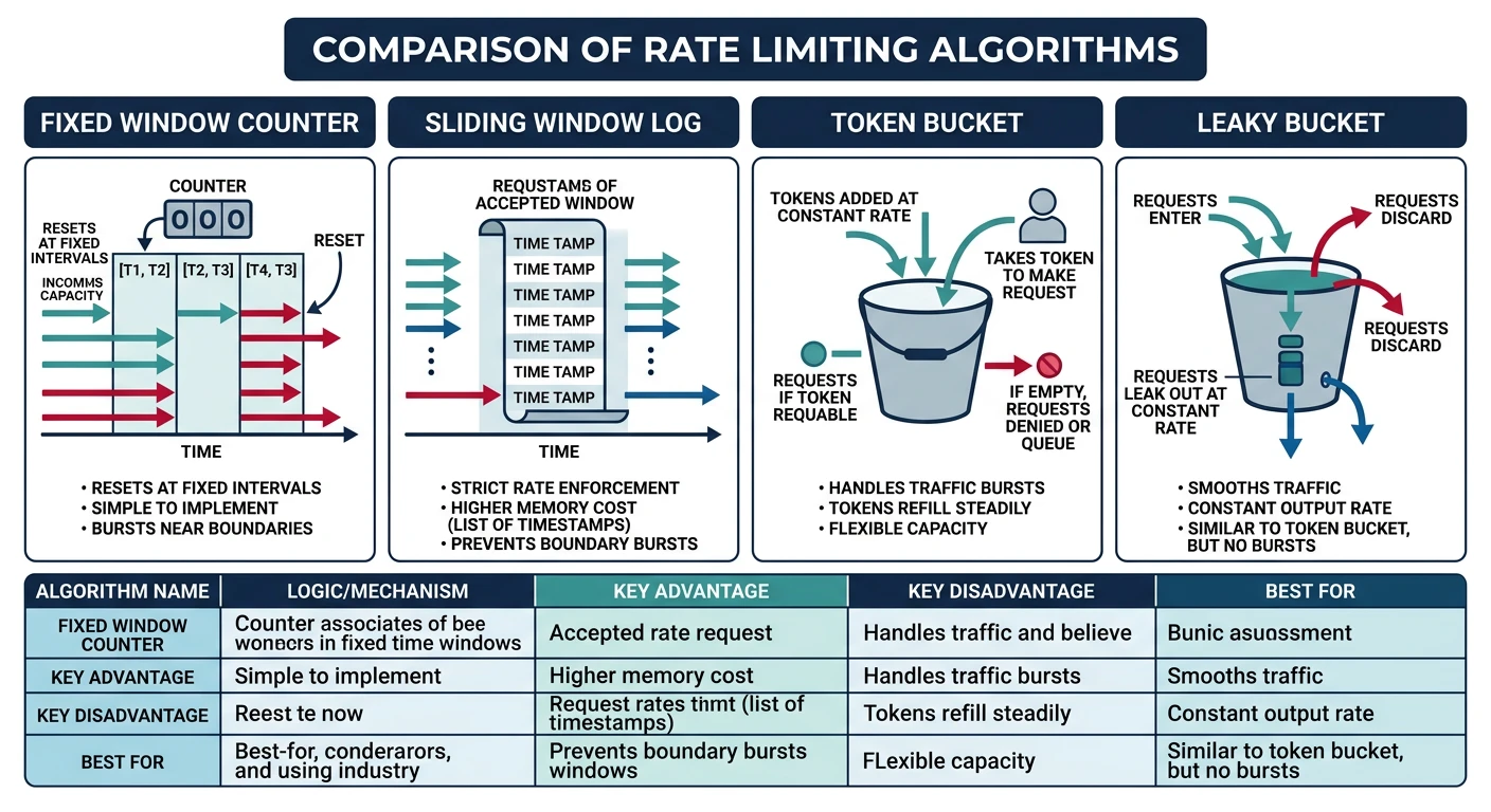 Comparison of rate limiting algorithms: fixed window, sliding window, token bucket, and leaky bucket