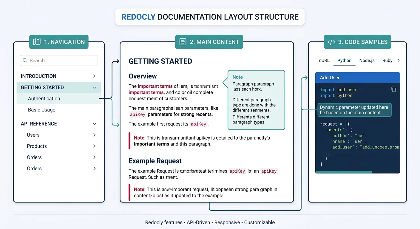 Redocly three-panel documentation layout with navigation, content, and code samples