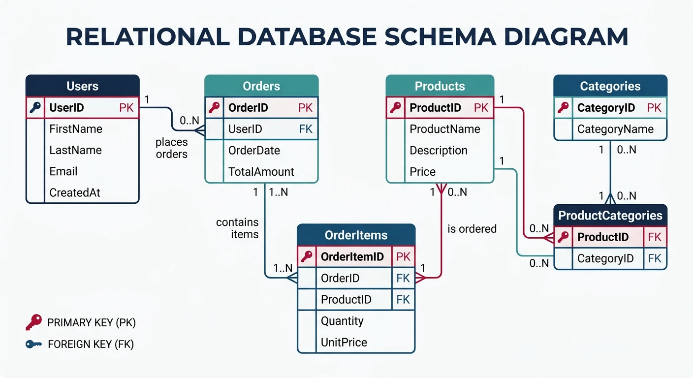 Relational database schema showing tables with primary keys, foreign keys, and entity relationships