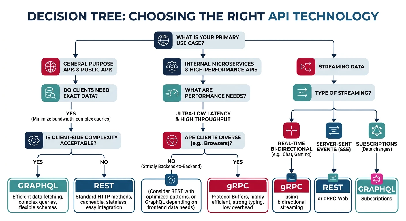 Decision tree for choosing between REST, GraphQL, and gRPC based on use case, client type, and performance needs