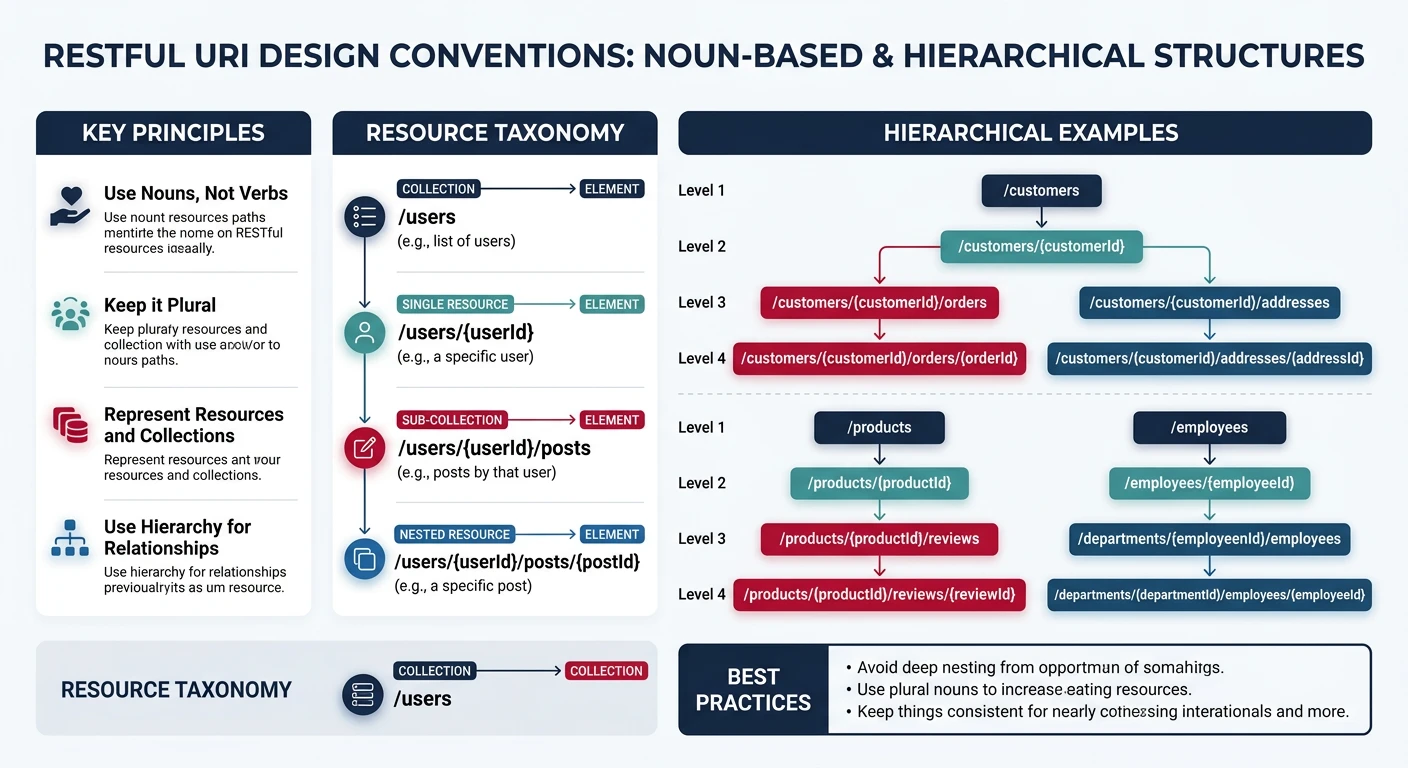 RESTful URI design conventions showing noun-based resource paths and hierarchical relationships