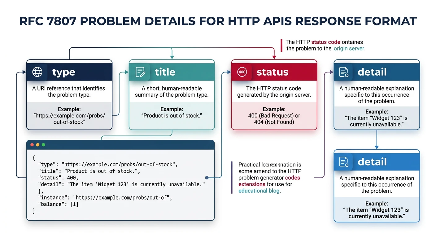 RFC 7807 Problem Details response format showing type, title, status, and detail fields