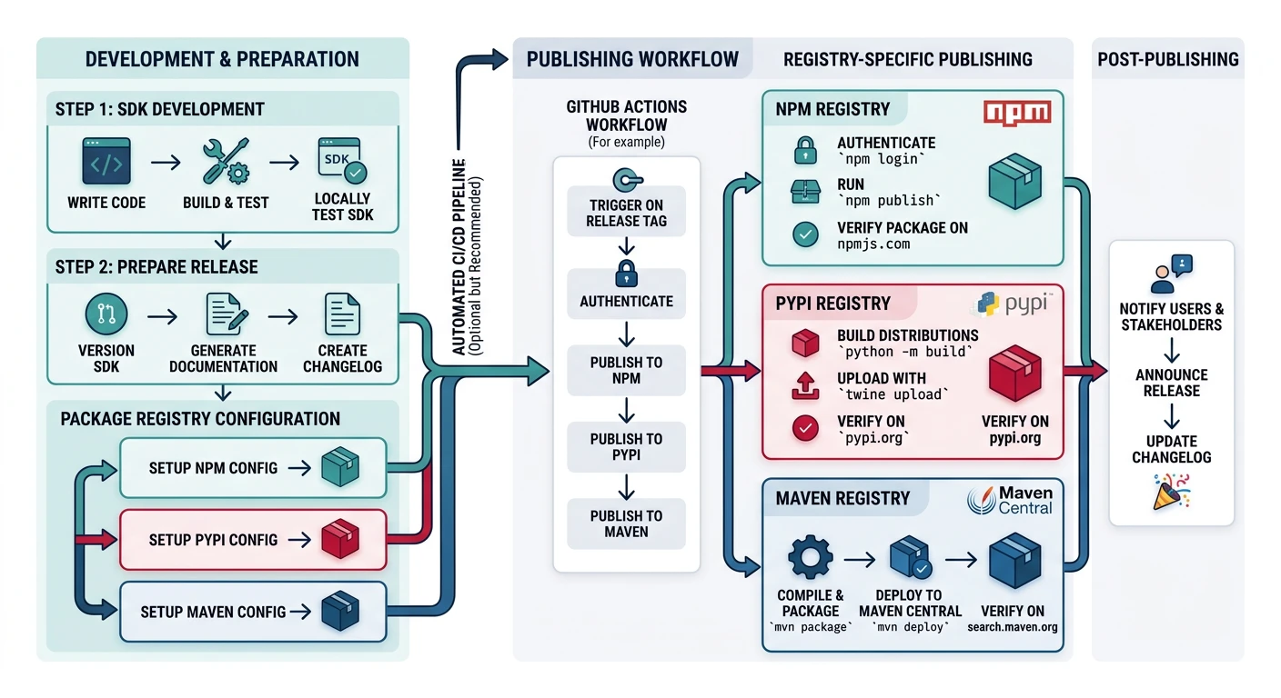 SDK publishing workflow to npm, PyPI, and Maven package registries