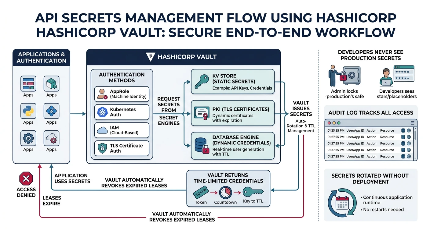Secrets management flow with vault retrieving credentials at runtime