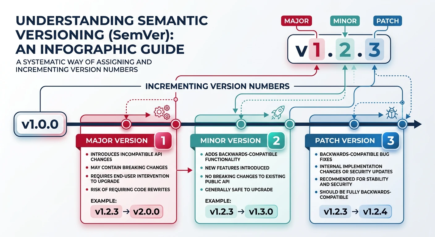 Semantic versioning diagram showing major, minor, and patch version increments