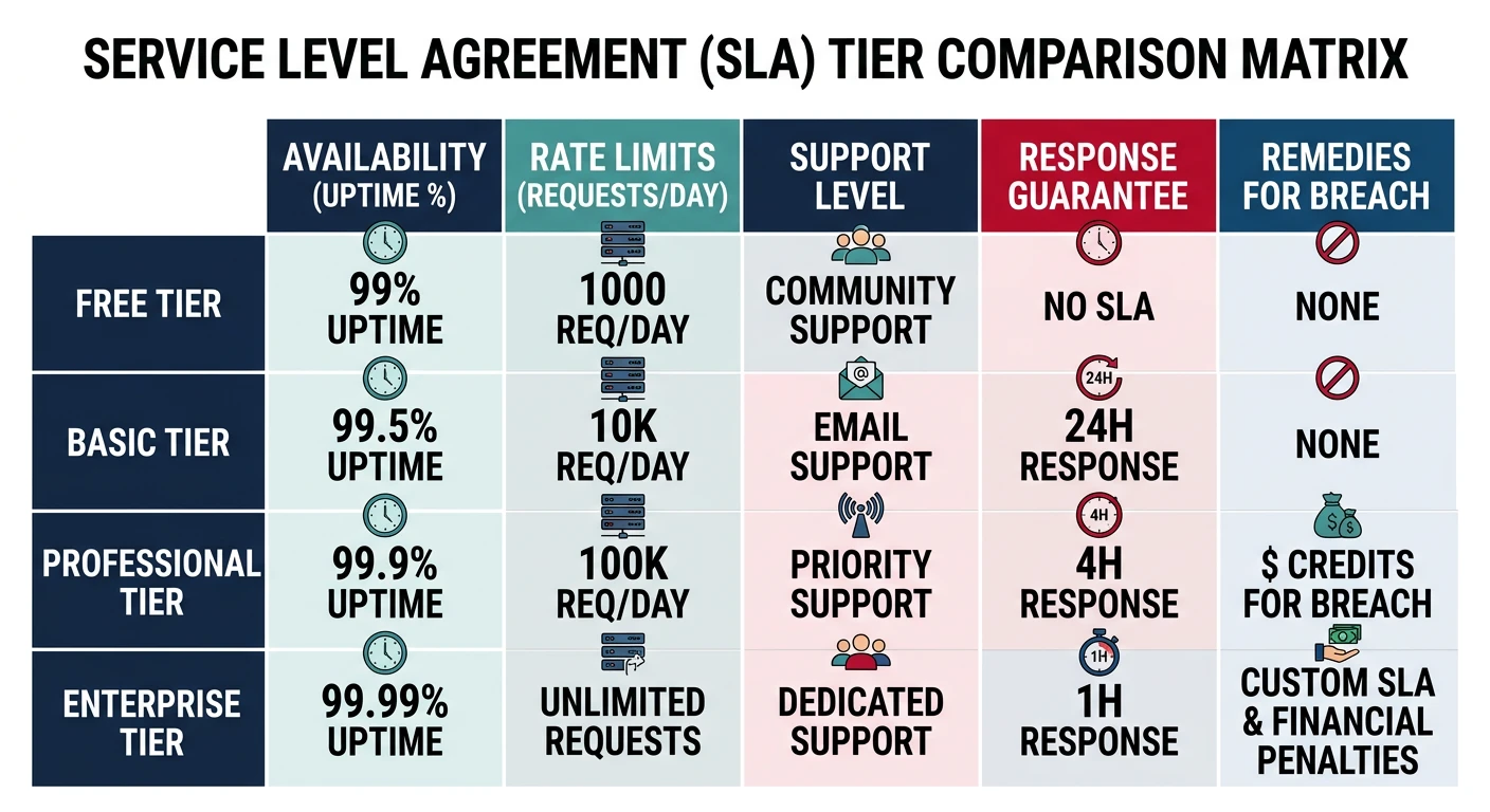 SLA tier comparison showing availability, support, and rate limits
