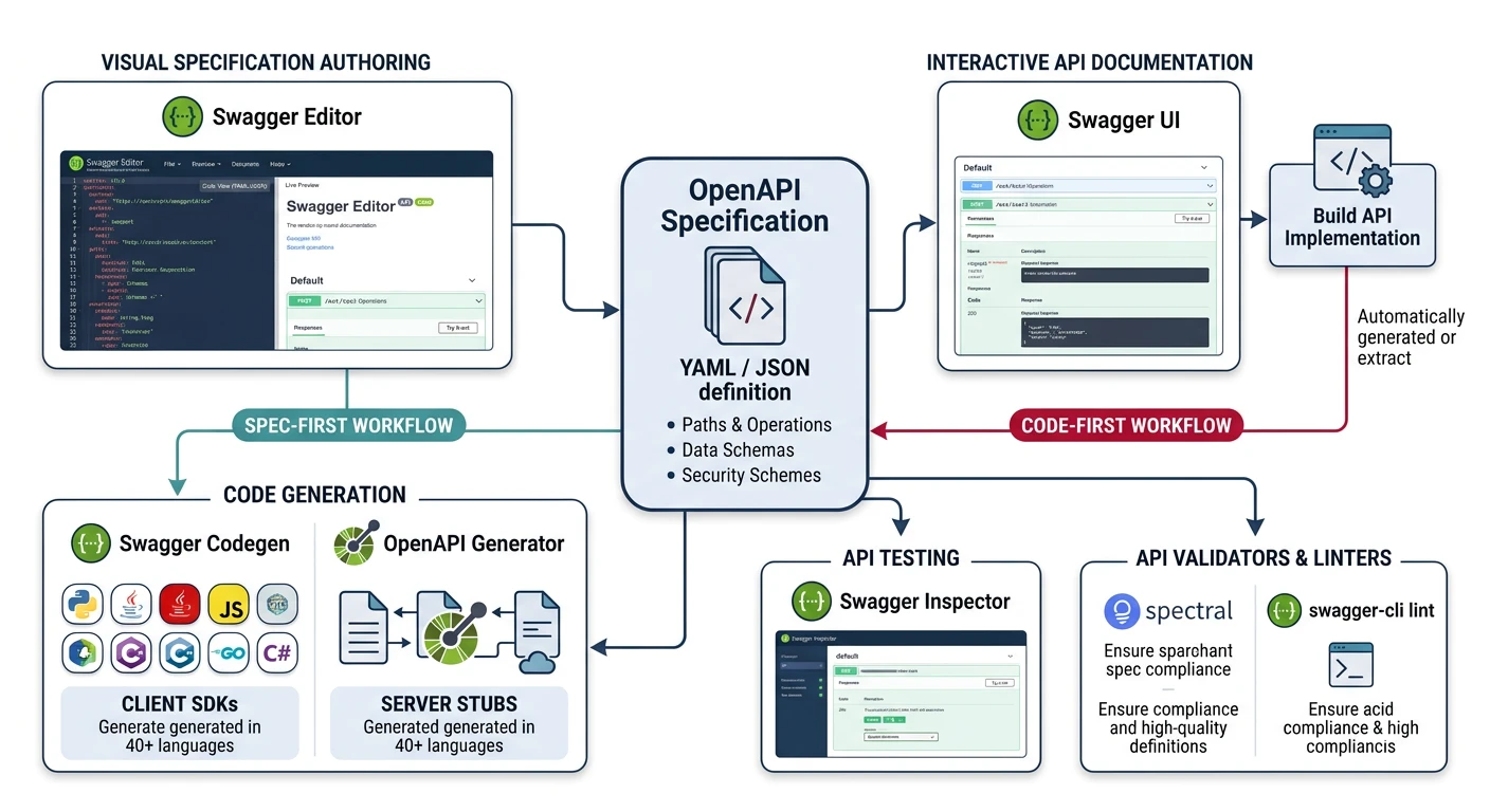 Swagger toolchain ecosystem showing Editor, UI, Codegen, and Hub