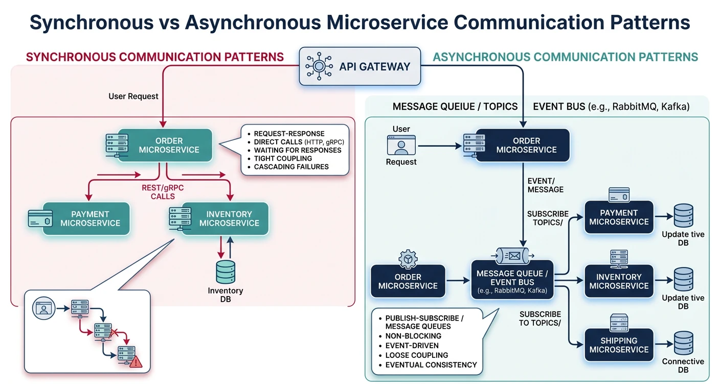 Synchronous REST/gRPC vs asynchronous event-driven microservice communication patterns