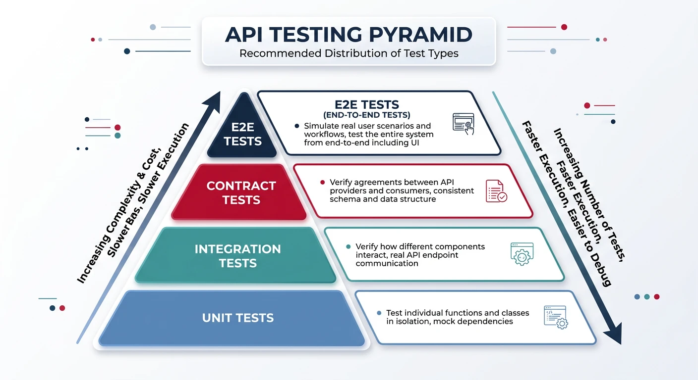 API testing pyramid showing unit, integration, contract, and E2E test layers