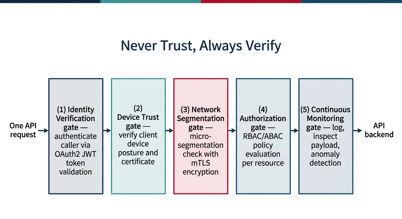 Zero trust architecture verifying every API request at each layer