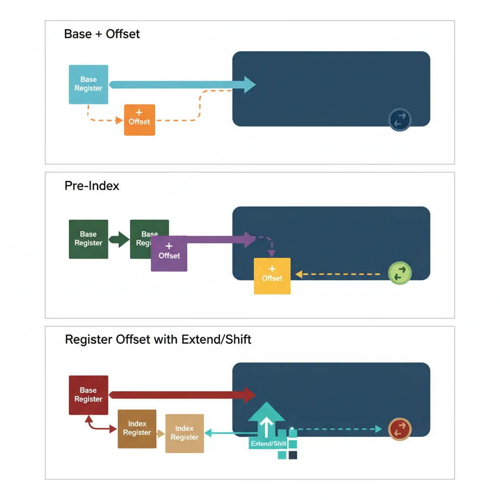 AArch64 addressing modes showing base plus offset, pre-index, post-index, and register offset
