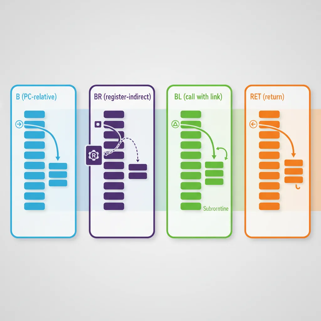 AArch64 branch instruction types showing B, BR, BL, and RET control flow
