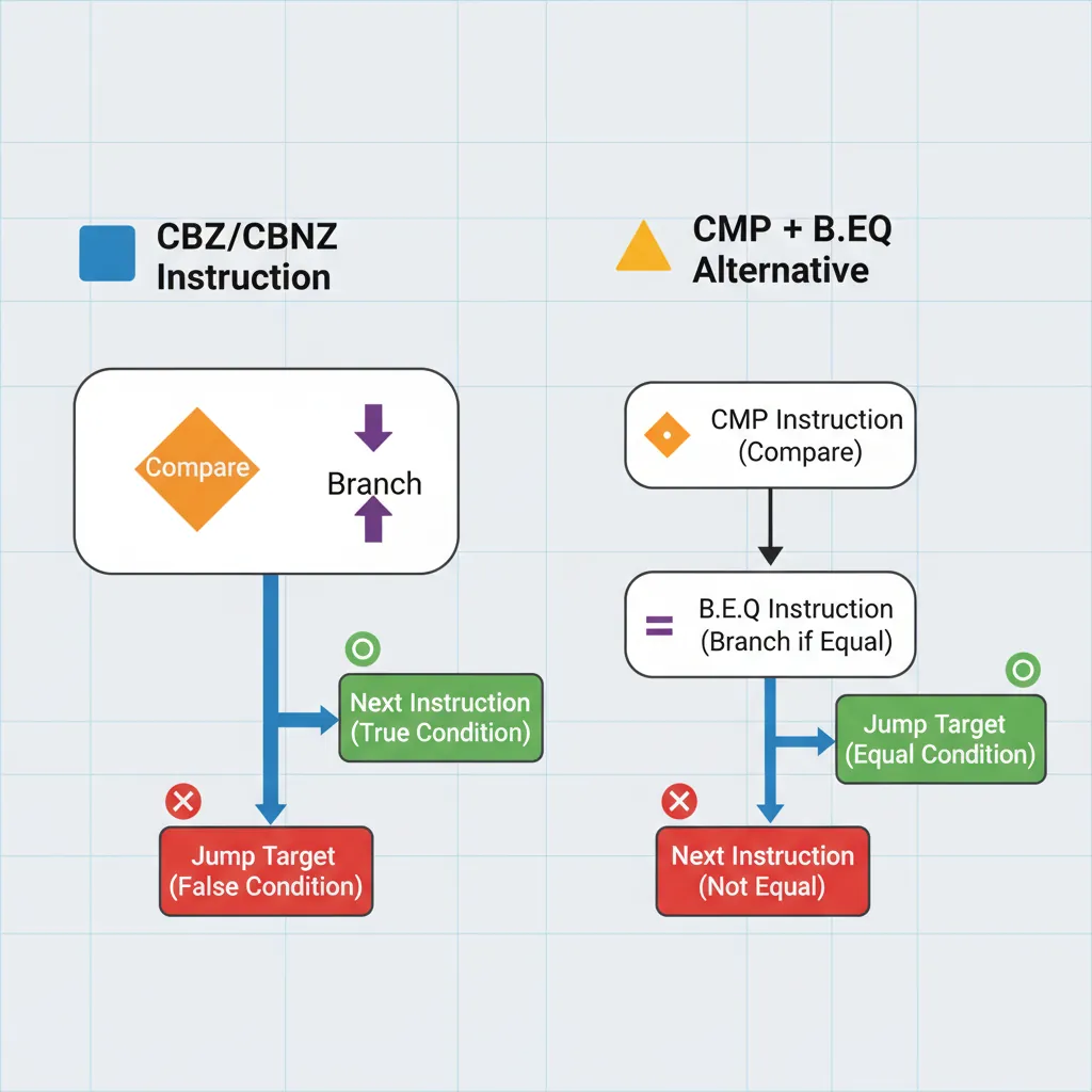 CBZ and CBNZ combined compare-and-branch versus two-instruction CMP plus B.EQ
