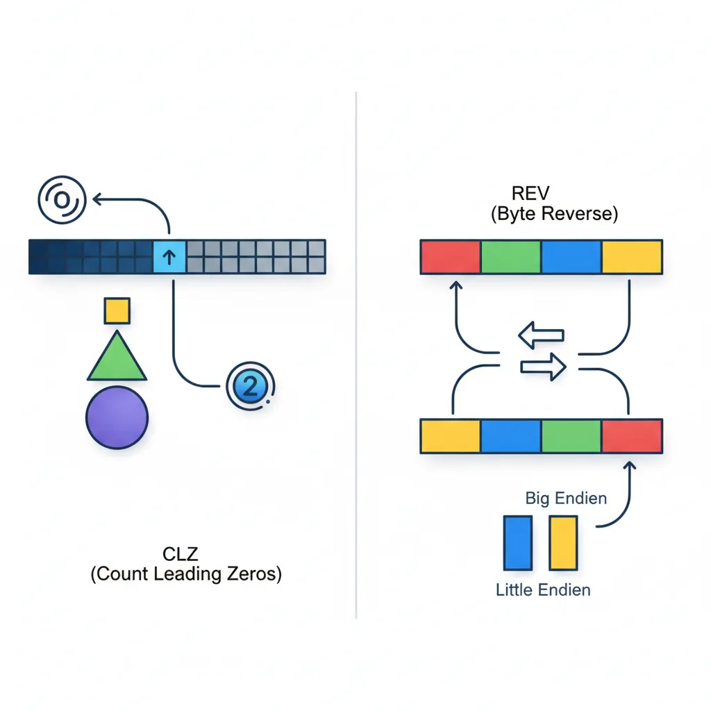 CLZ and REV instruction operations for bit scanning and endianness conversion