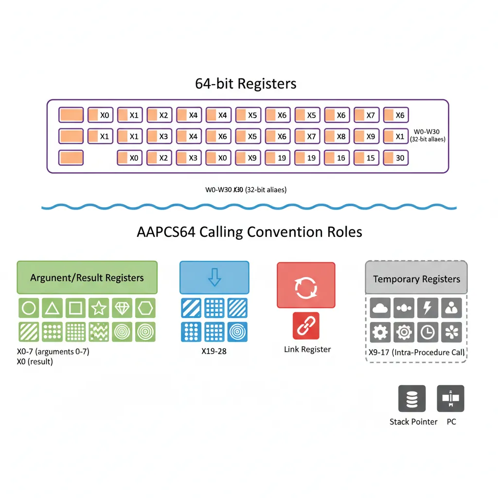 AArch64 general-purpose register map with X0 through X30 and W aliases