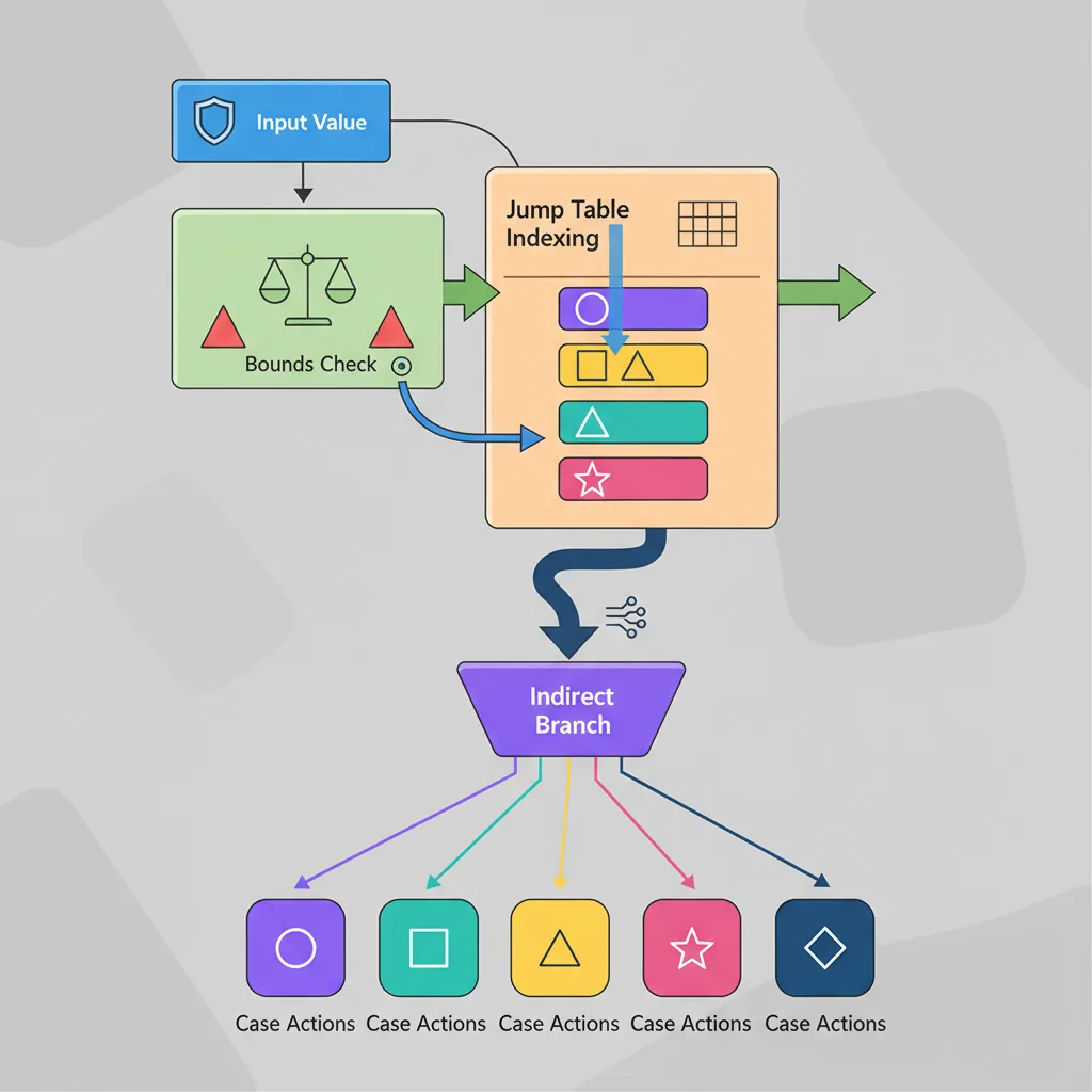 Computed jump table dispatch with bounds check, table indexing, and indirect branch