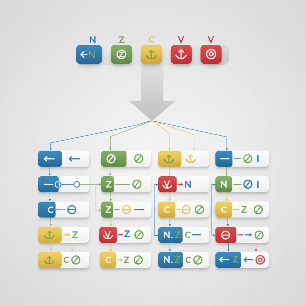NZCV condition flags and their relationship to 15 condition codes
