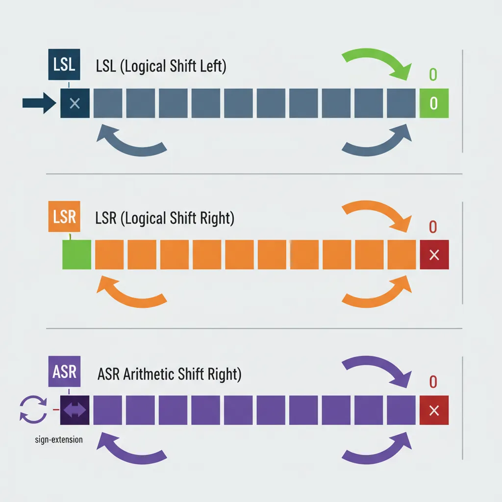 Comparison of LSL, LSR, and ASR shift operations with bit movement and fill behavior