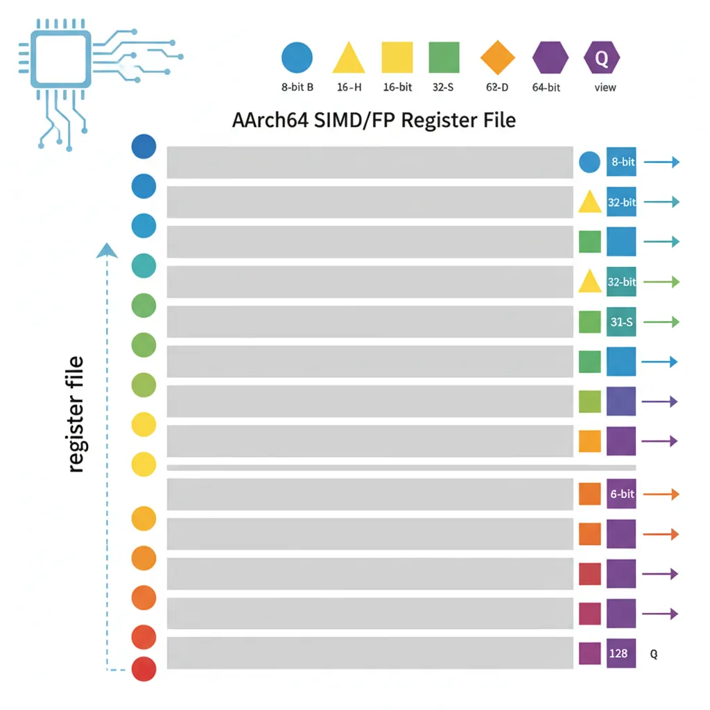AArch64 SIMD and FP register file with V0 through V31 at multiple view widths