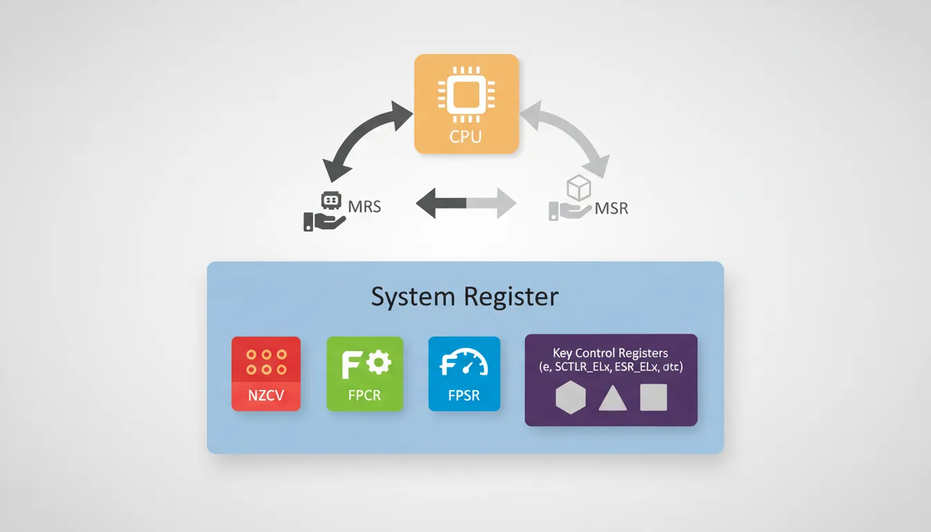 AArch64 system register architecture with NZCV, FPCR, FPSR, and control registers