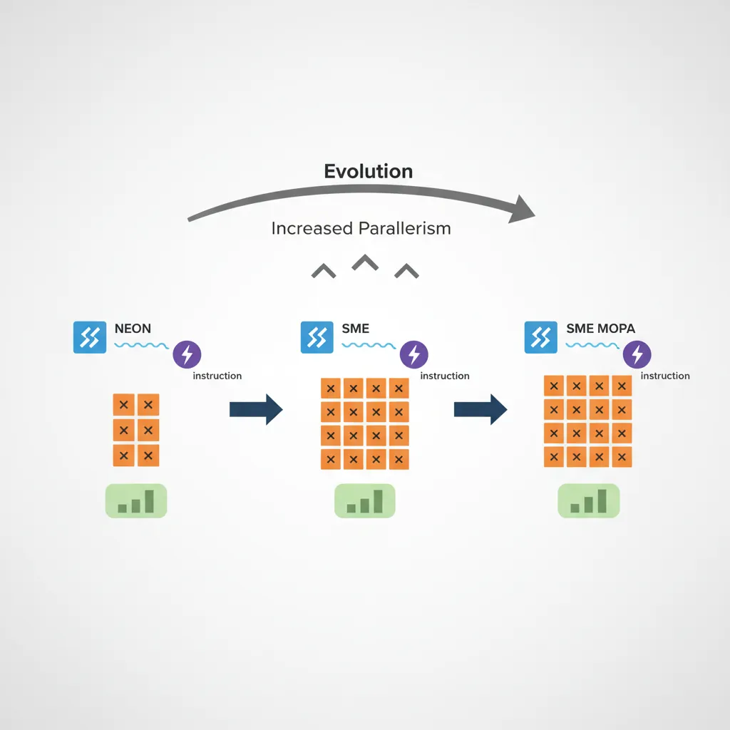 Diagram showing evolution of ARM AI/ML instructions from DotProd through I8MM and BFloat16 to SME MOPA