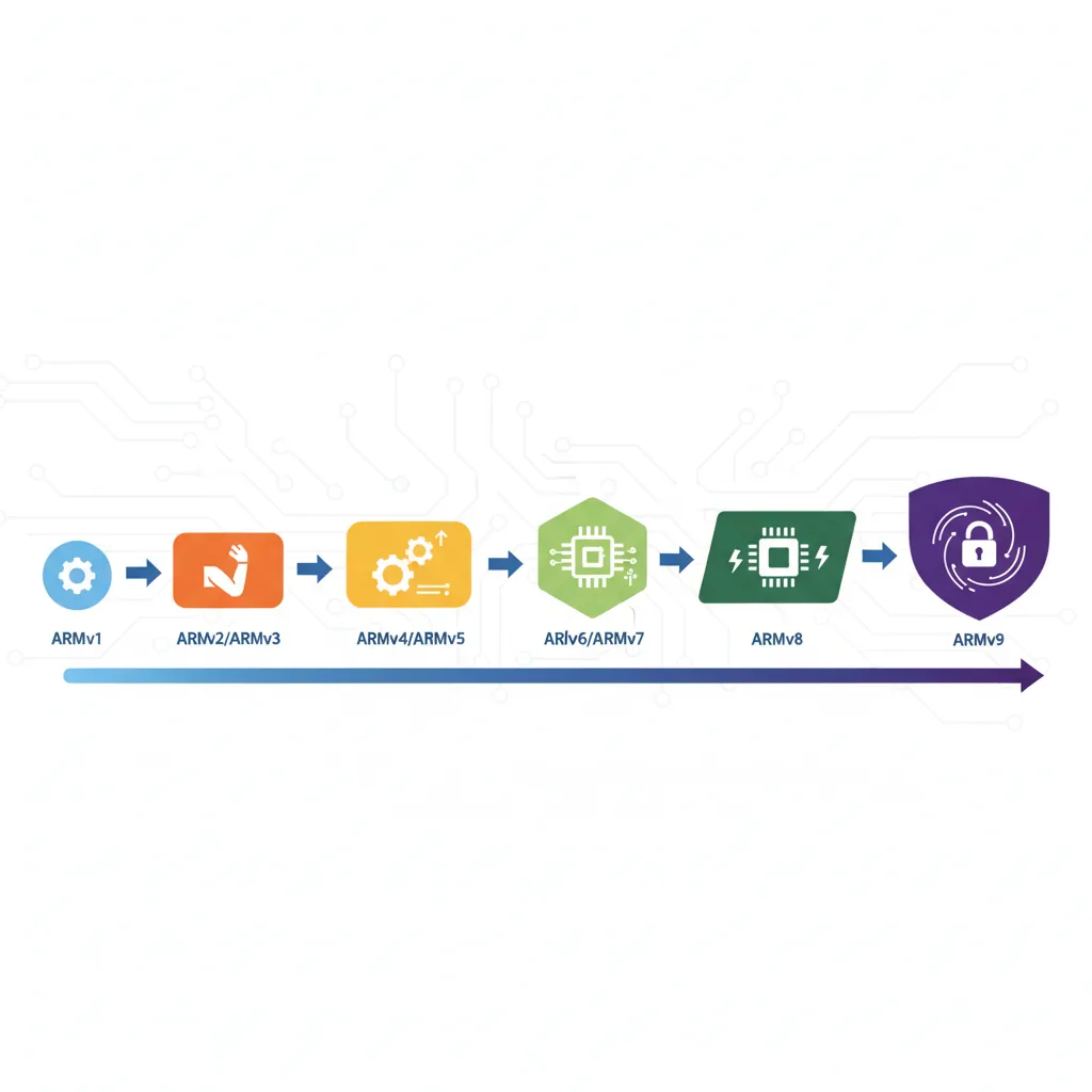Timeline of ARM architecture evolution from ARMv1 to ARMv9