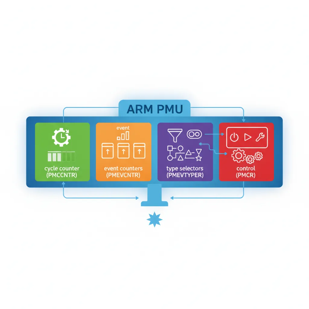 ARM PMU register map showing PMCR, PMCCNTR, PMEVCNTR, and PMEVTYPER registers