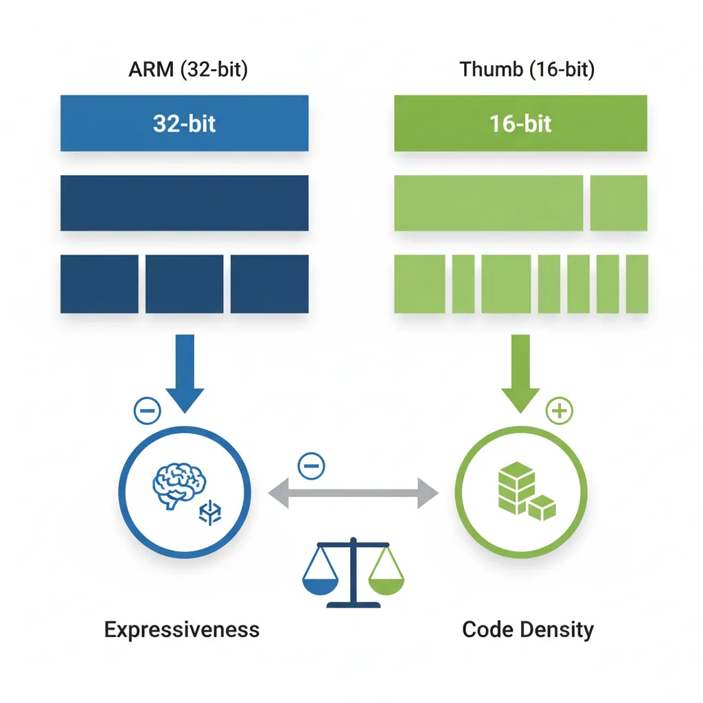 Comparison of ARM 32-bit and Thumb 16-bit instruction encoding widths