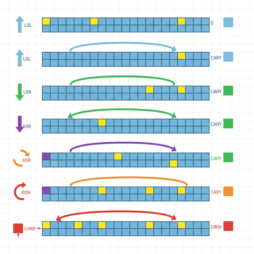 ARM32 barrel shifter showing LSL, LSR, ASR, ROR, and RRX operations