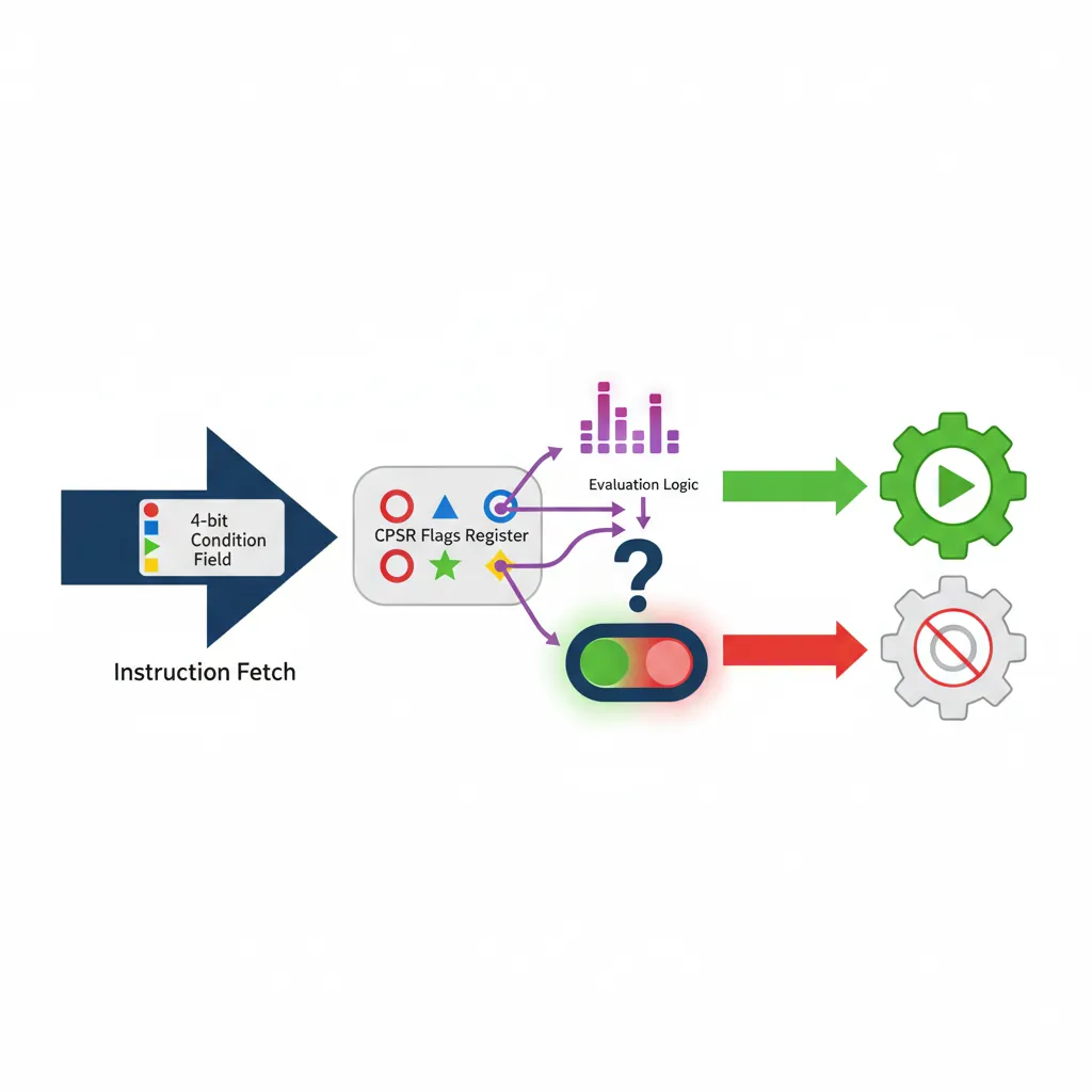 ARM32 conditional execution flow with 4-bit condition field evaluated against CPSR flags