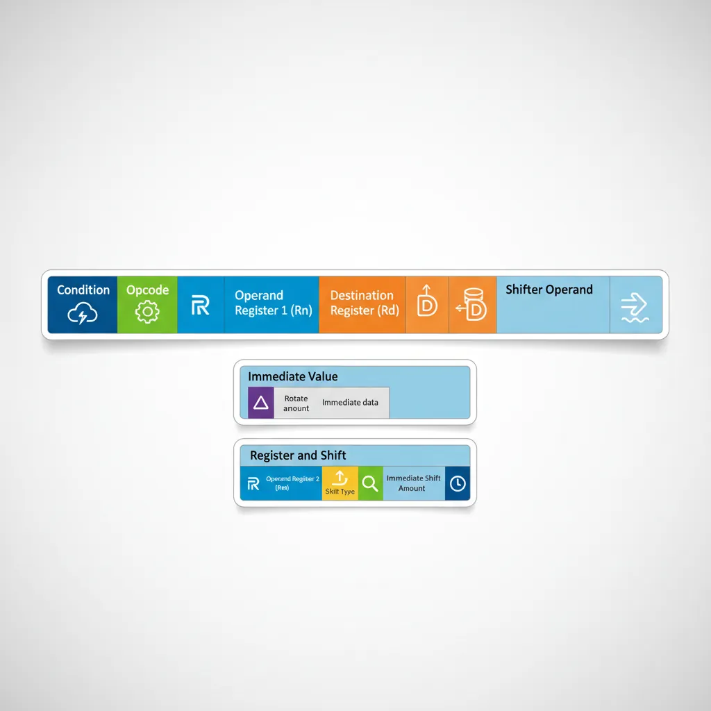 ARM32 data processing instruction encoding format with condition, opcode, and shifter fields