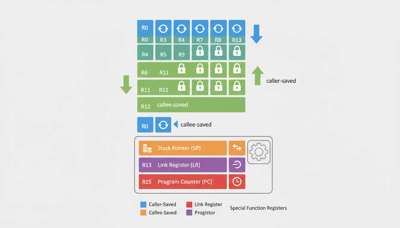 ARM32 register file layout showing R0 through R15 with AAPCS roles