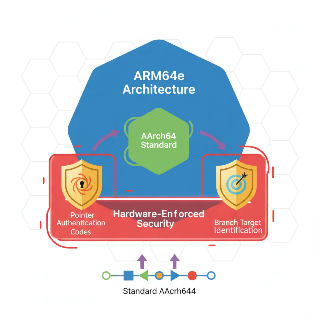 ARM64e vs standard AArch64 showing PAC and BTI extensions