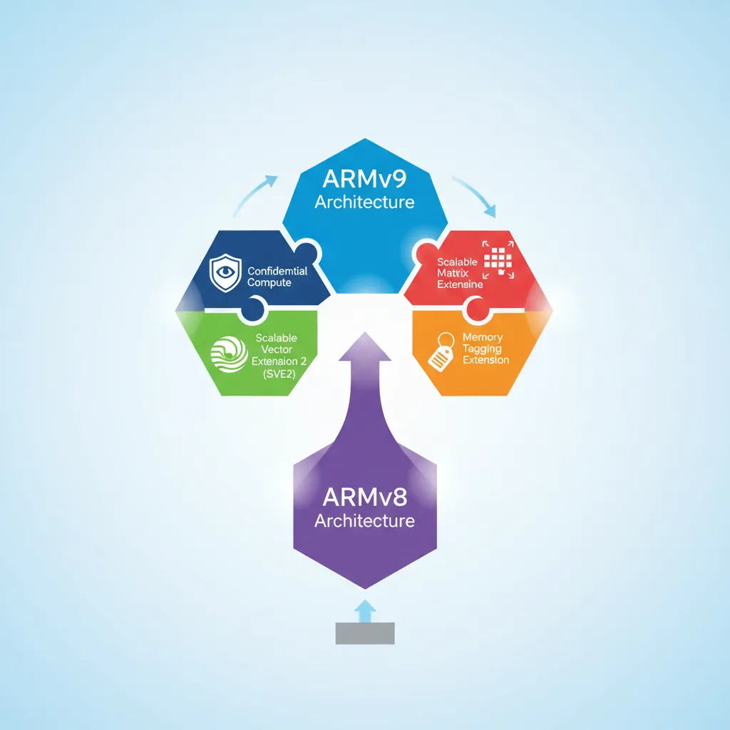Diagram showing ARMv9 feature evolution from ARMv8 with SVE2, MTE, CCA, and SME additions