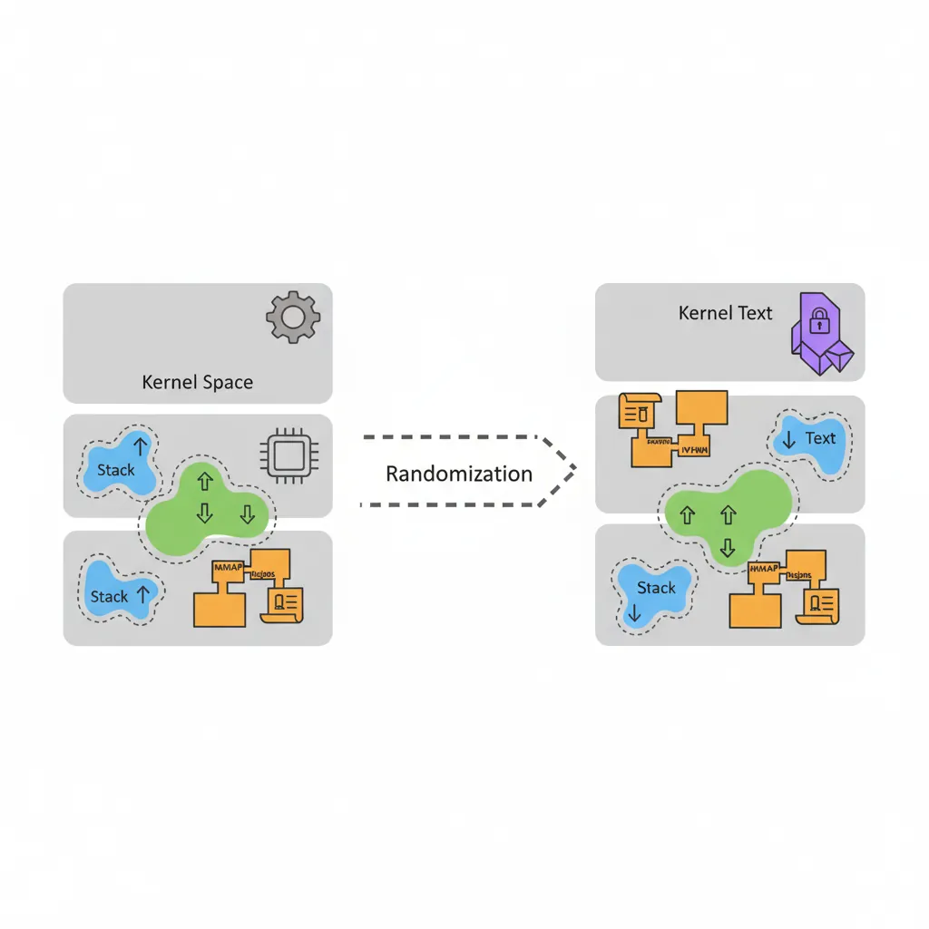 Diagram showing ASLR randomization of stack, heap, mmap, and kernel regions on ARM64
