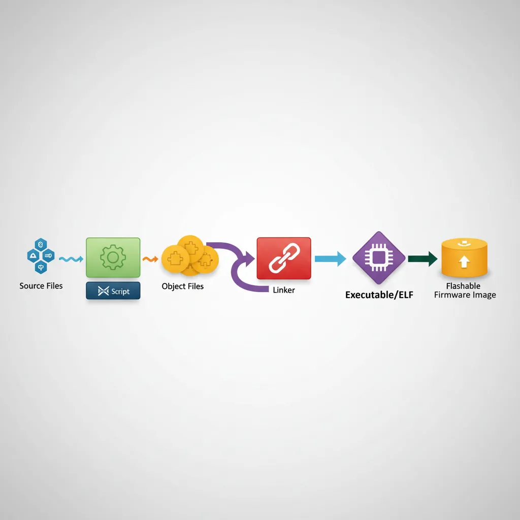 Diagram of bare-metal firmware build pipeline from assembly and C sources to flashable binary image