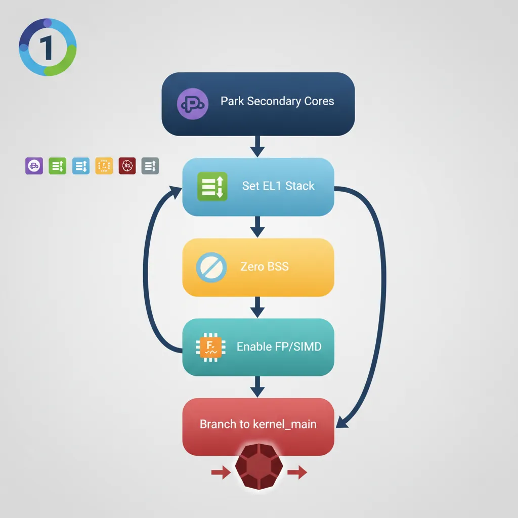 Bootloader initialization flow: core parking, stack setup, BSS zeroing, and jump to kernel_main