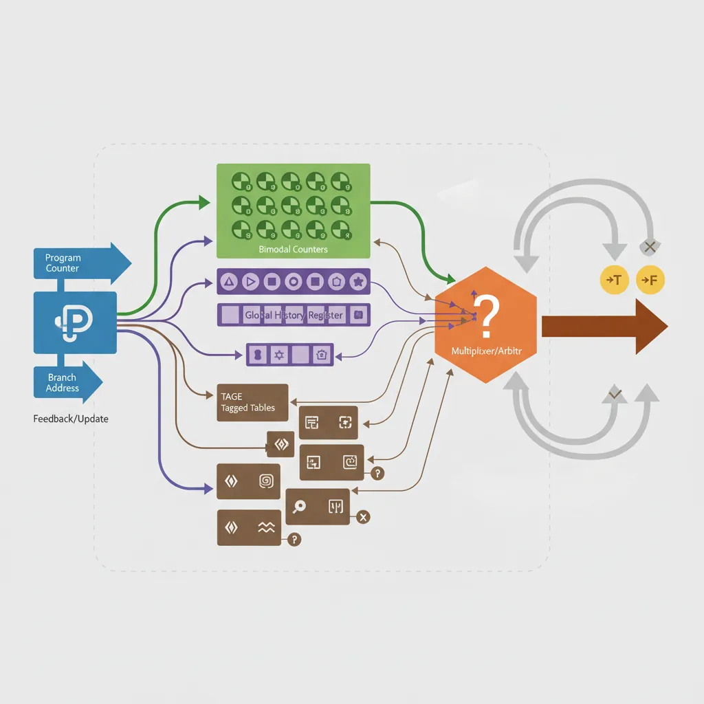 ARM branch prediction flow with bimodal and TAGE predictors