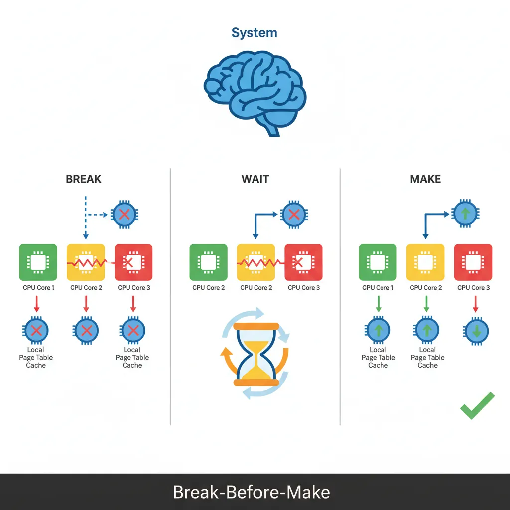 Break-Before-Make sequence diagram showing invalidate, barrier, TLBI, barrier, and remap steps for safe page table updates