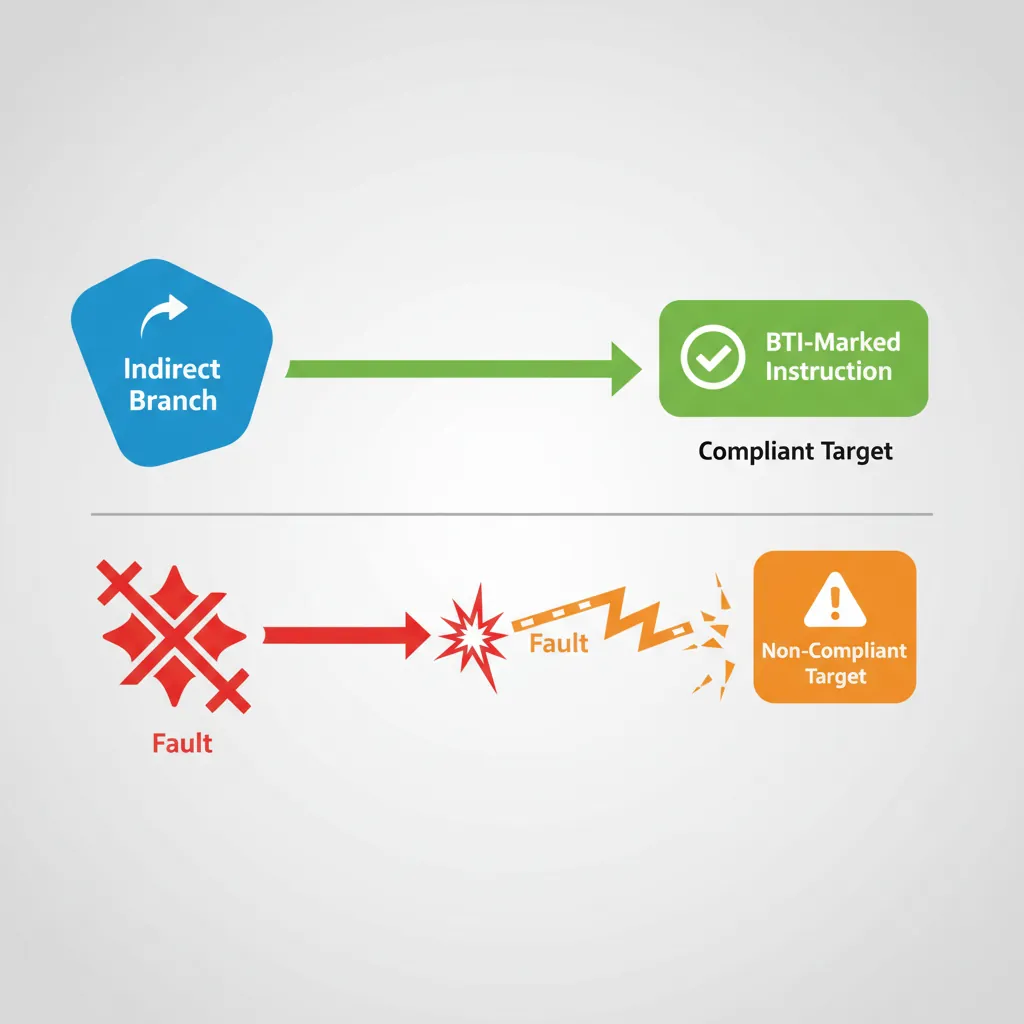 Diagram showing BTI landing pad enforcement for indirect branches with valid and invalid targets