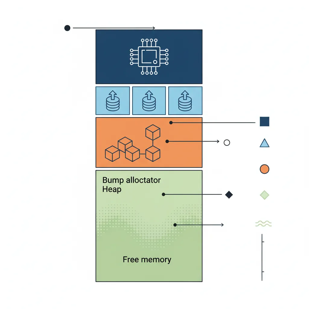 Bump allocator memory map showing kernel image, stack region, heap start, and free memory