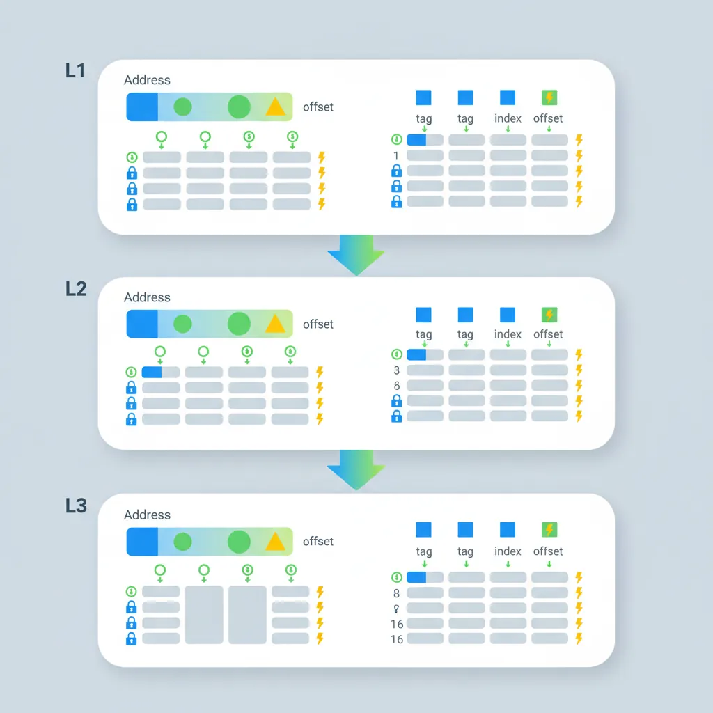 Cache set/way organisation with address bit decomposition into tag, index, and offset