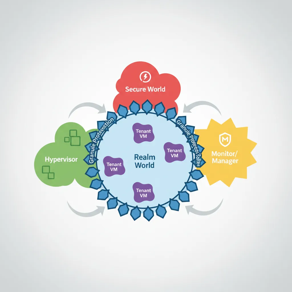 Diagram of ARM CCA four-world security model with Normal, Secure, Realm, and Root worlds