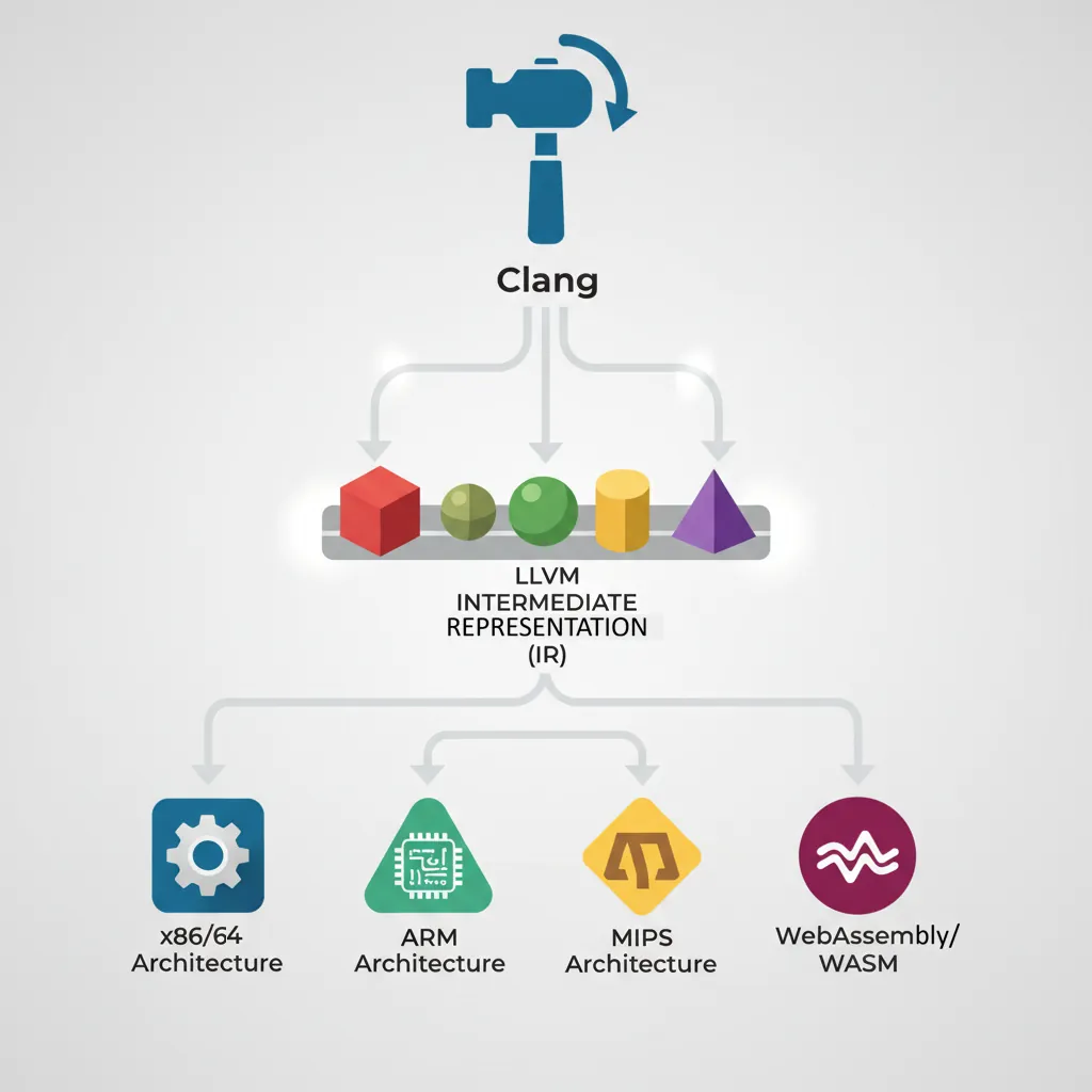 Architecture diagram of Clang/LLVM multi-target cross-compilation with unified frontend