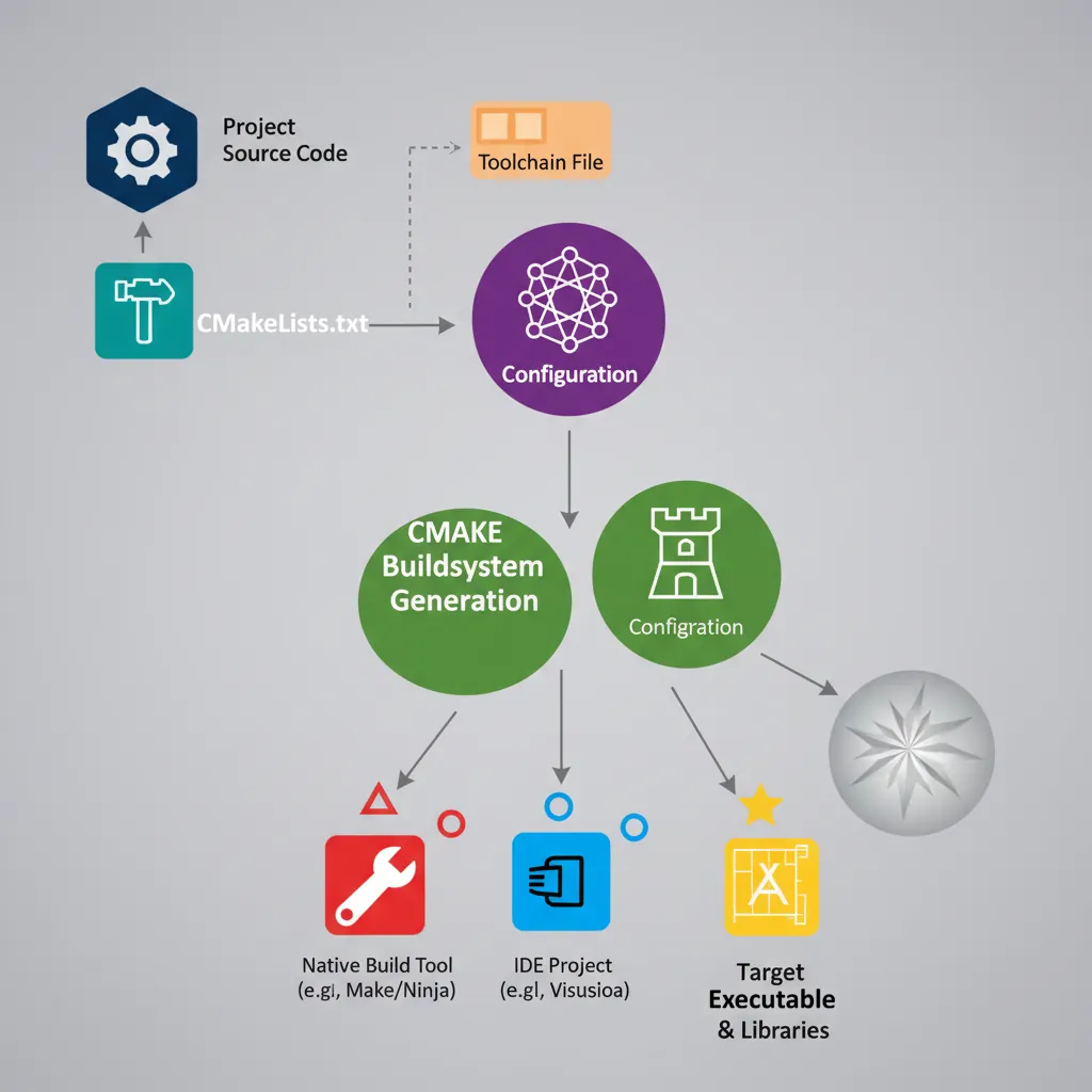 Flowchart showing CMake toolchain file configuring cross-compilation settings for ARM64