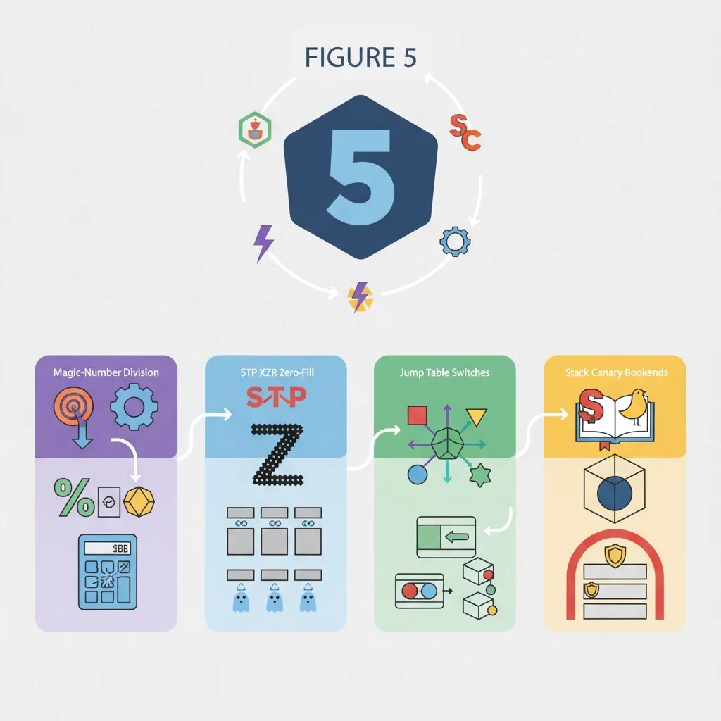 Common compiler idioms in ARM disassembly: division by constant, memset/memcpy, switch tables, stack canary