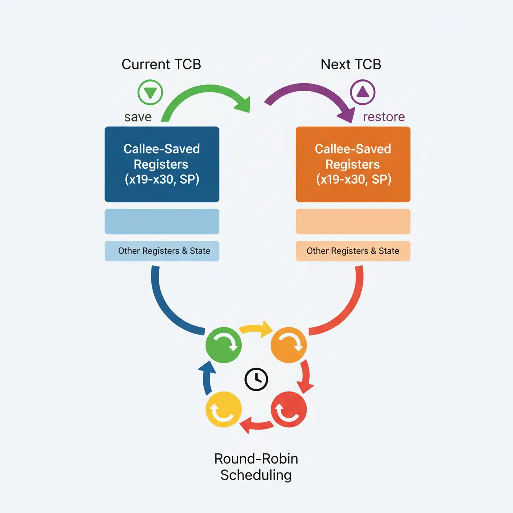 Cooperative context switch showing TCB register save/restore and round-robin scheduling